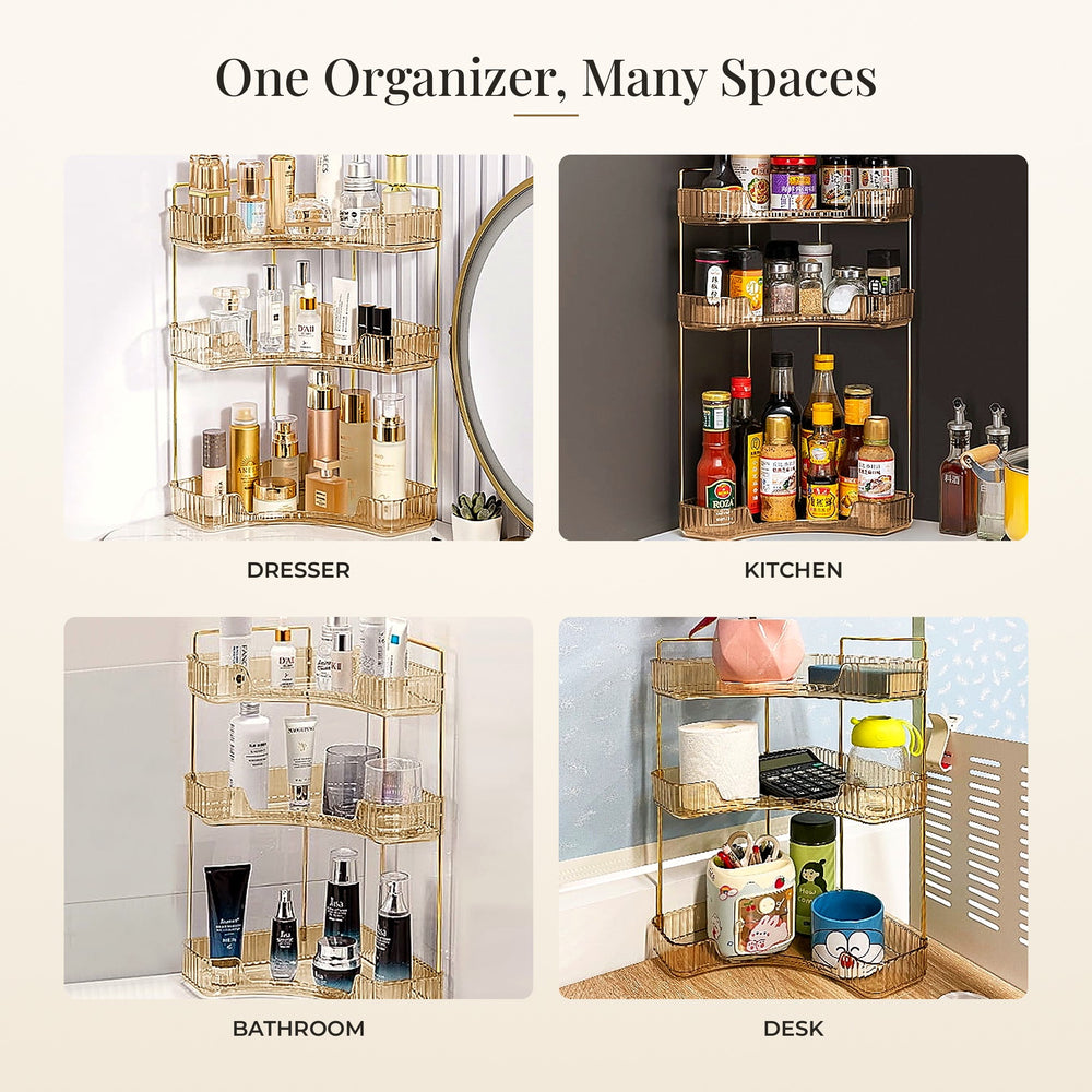 Corner organizer used on a dresser, in a kitchen, in a bathroom and on a desk