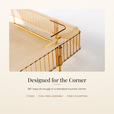 Close-up of the ribbed amber tray corner and gold metal bracket