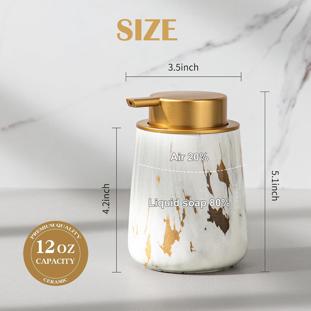 Soap dispenser size: 3.5 inches wide, 5.1 inches high, 12 oz capacity