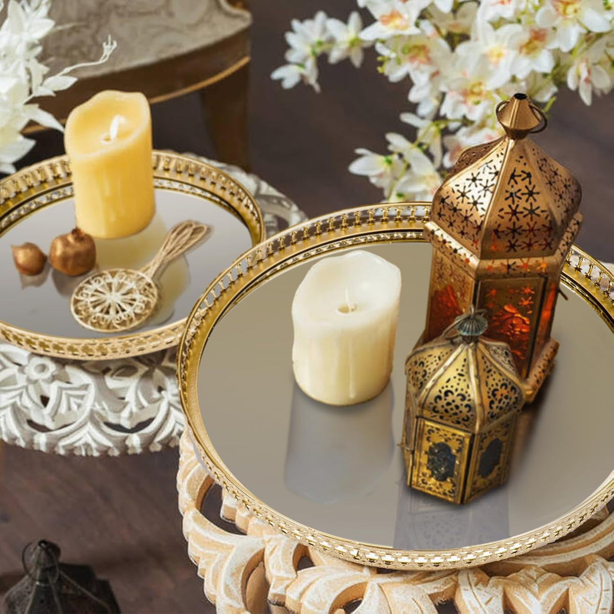 Gold mirrored trays styled with candles and a lantern