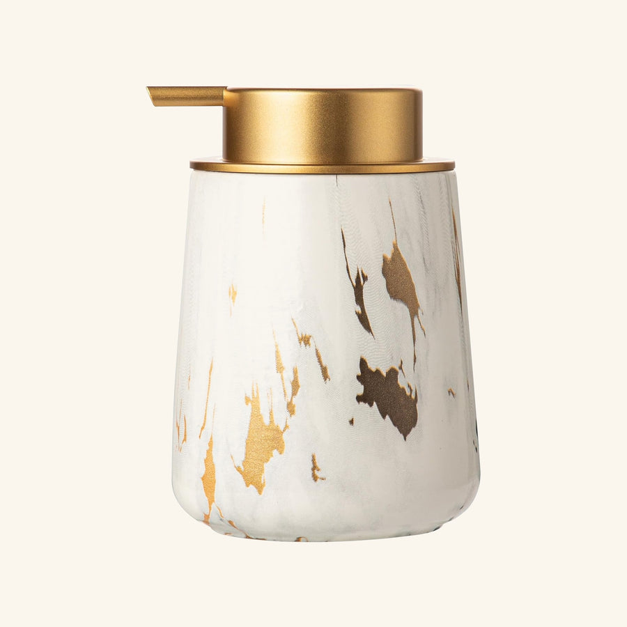 White marble-pattern ceramic soap dispenser with gold accents and a gold pump